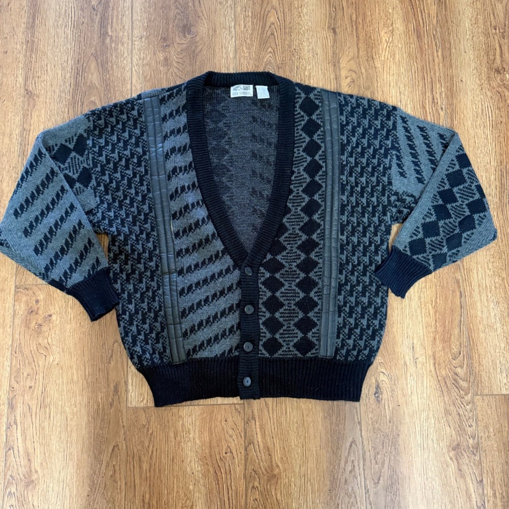 City Streets VTG 90s Geometric Knit Cardigan Sweater Faux Leather Trim Mens L